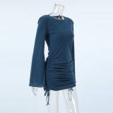 Women sexy Round Neck Bell Bottom sleeve lace-up knitting solid dress