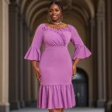 Women Purple Ruffle Edge Square Neck Bell Bottom fishtail dress