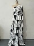 Summer U-Neck Printed Long-Sleeved Bell Bottom Sleeve Fashionable Slim Women's Dress