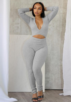 Autumn And Winter Sexy Deep V-Neck Hollow Tight Fitting Long-Sleeved Solid Color Sports Jumpsuit Autumn And Winter Sexy Deep V-Neck Hollow Tight Fitting Long-Sleeved Solid Color Sports Jumpsuit