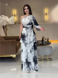 Summer U-Neck Printed Long-Sleeved Bell Bottom Sleeve Fashionable Slim Women's Dress