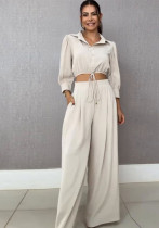 Chic Style Fashion Drawstring Short Shirt Wide-Leg Pants Two Piece Set