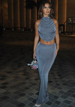 Autumn Solid Color Halter Neck Slim Fit Slim Pleated Low Back Top Skirt Women's Clothing Autumn Solid Color Halter Neck Slim Fit Slim Pleated Low Back Top Skirt Women's Clothing