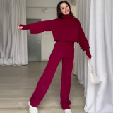 Autumn Casual Long-Sleeved Knitting High-Neck Sweater Trousers Two-Piece Set