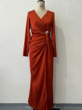 Summer V-Neck Solid Color Long-Sleeved Slim Women's Long Dress