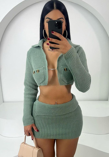 Women Autumn Long Sleeve Crop Jacket and Bodycon Skirt Solid Two-Piece Set