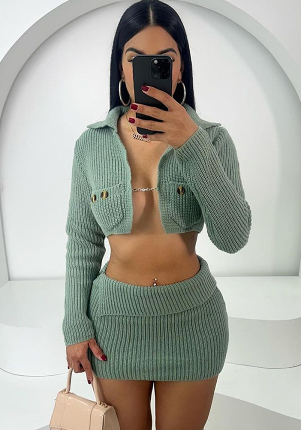 Women Autumn Long Sleeve Crop Jacket and Bodycon Skirt Solid Two-Piece Set