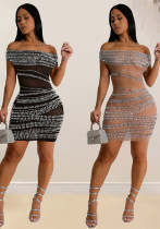 Fashion Women's Off Shoulder Slim Beaded Bodycon Dress