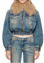 Women's Winter Removable Fur Collar Zipper Short Denim Jacket Women's Winter Removable Fur Collar Zipper Short Denim Jacket