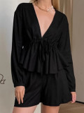 Black V-Neck Linen Long Sleeve Top Shorts Autumn And Winter Fashion Two-Piece Set