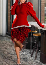 Women Red Lantern Long Sleeve Feather Dress Women Red Lantern Long Sleeve Feather Dress