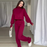 Autumn Casual Long-Sleeved Knitting High-Neck Sweater Trousers Two-Piece Set