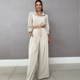 Chic Style Fashion Drawstring Short Shirt Wide-Leg Pants Two Piece Set