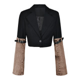 Women's Autumn Style Contrast Color Belt Patchwork Denim Jacket