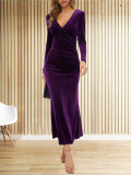 Autumn Winter Slim Elegant V-Neck Long Sleeve Fishtail Evening Dress
