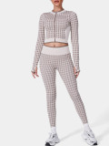 Women Houndstooth Yoga Sports Fitness Yoga Suit Two-Piece Set