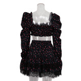 Women's Lace Patchwork Printed Bell Bottom Sleeve Crop Top Ruffle Skirt Two-Piece Set