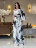 Summer U-Neck Printed Long-Sleeved Bell Bottom Sleeve Fashionable Slim Women's Dress