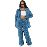 Women Denim Tassel Plaid Long Sleeve Top and Pant Two-piece Set
