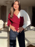 Chic Color Matching Design Off-Shoulder Long-Sleeved Knitting Sweater