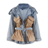 Women's Autumn Ruffle Contrast Color Patchwork Belt Turndown Collar Denim Jacket