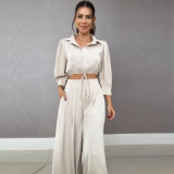 Chic Style Fashion Drawstring Short Shirt Wide-Leg Pants Two Piece Set