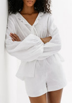 Summer Comfortable Style Sexy White V-Neck Slim Waist Lace-Up Long-Sleeved Top Shorts Linen Ruffle Two Piece Set Summer Comfortable Style Sexy White V-Neck Slim Waist Lace-Up Long-Sleeved Top Shorts Linen Ruffle Two Piece Set