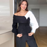 Chic Color Matching Design Off-Shoulder Long-Sleeved Knitting Sweater