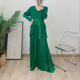 Long Sleeve Pleated Solid Color Dubai Long Dress