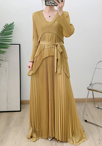 Long Sleeve Pleated Solid Color Dubai Long Dress