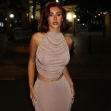 Autumn Solid Color Halter Neck Slim Fit Slim Pleated Low Back Top Skirt Women's Clothing