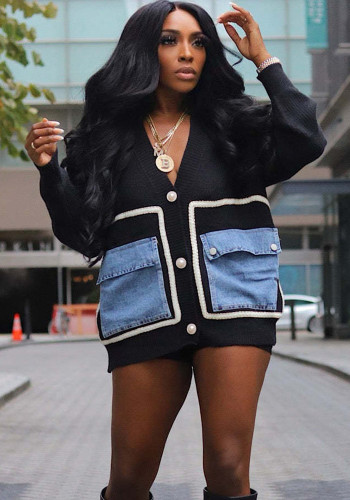 Women Patchwork Denim pocket cardigan sweater