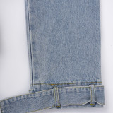 Women's Autumn Ruffle Contrast Color Patchwork Belt Turndown Collar Denim Jacket