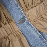 Women's Autumn Ruffle Contrast Color Patchwork Belt Turndown Collar Denim Jacket
