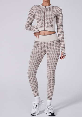 Women Houndstooth Yoga Sports Fitness Yoga Suit Two-Piece Set
