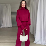 Autumn Casual Long-Sleeved Knitting High-Neck Sweater Trousers Two-Piece Set