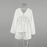 Summer Comfortable Style Sexy White V-Neck Slim Waist Lace-Up Long-Sleeved Top Shorts Linen Ruffle Two Piece Set