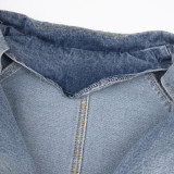 Women's Autumn Ruffle Contrast Color Patchwork Belt Turndown Collar Denim Jacket