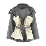 Women's Autumn Ruffle Contrast Color Patchwork Belt Turndown Collar Denim Jacket
