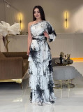Summer U-Neck Printed Long-Sleeved Bell Bottom Sleeve Fashionable Slim Women's Dress