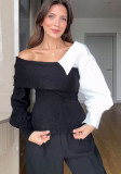 Chic Color Matching Design Off-Shoulder Long-Sleeved Knitting Sweater