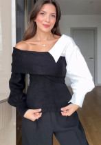 Chic Color Matching Design Off-Shoulder Long-Sleeved Knitting Sweater Chic Color Matching Design Off-Shoulder Long-Sleeved Knitting Sweater