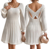 Women Butterfly U-Neck Long Sleeve Sweater Dress