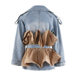 Women's Autumn Ruffle Contrast Color Patchwork Belt Turndown Collar Denim Jacket