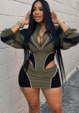 Autumn Sexy Sports Style Loose Casual Contrast Color Long Sleeve Jacket Short Skirt Women Two Piece Set