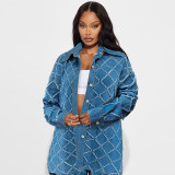 Women Denim Tassel Plaid Long Sleeve Top and Pant Two-piece Set