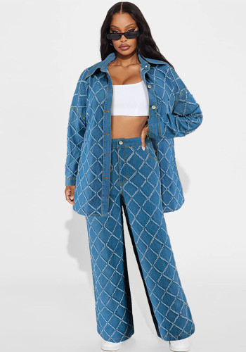 Women Denim Tassel Plaid Long Sleeve Top and Pant Two-piece Set