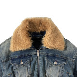 Women's Winter Removable Fur Collar Zipper Short Denim Jacket
