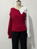 Chic Color Matching Design Off-Shoulder Long-Sleeved Knitting Sweater