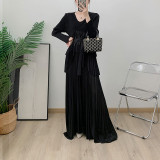 Long Sleeve Pleated Solid Color Dubai Long Dress